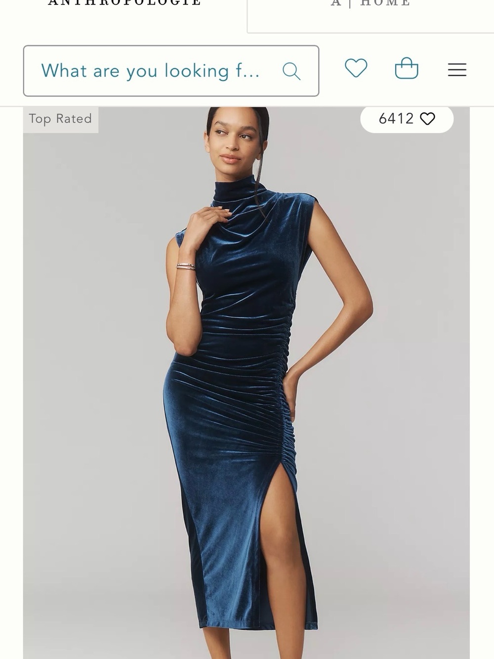 Anthropologie Velvet Mock-Neck Ruched Midi Dress with Side Slit